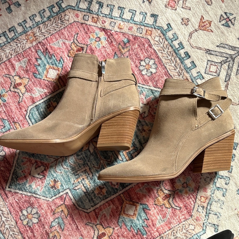 Nine West Taupe Suede Ankle Booties with Stacked Heel